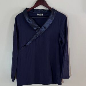 Temperley London 100% Cotton Navy Long Sleeve Top with Satin Detail